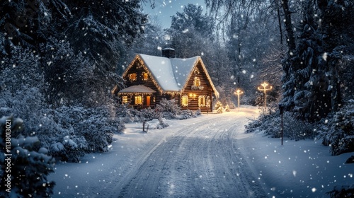 Beautiful Christmas night scene of a snow-covered road leading to a cozy log cabin in the forest.