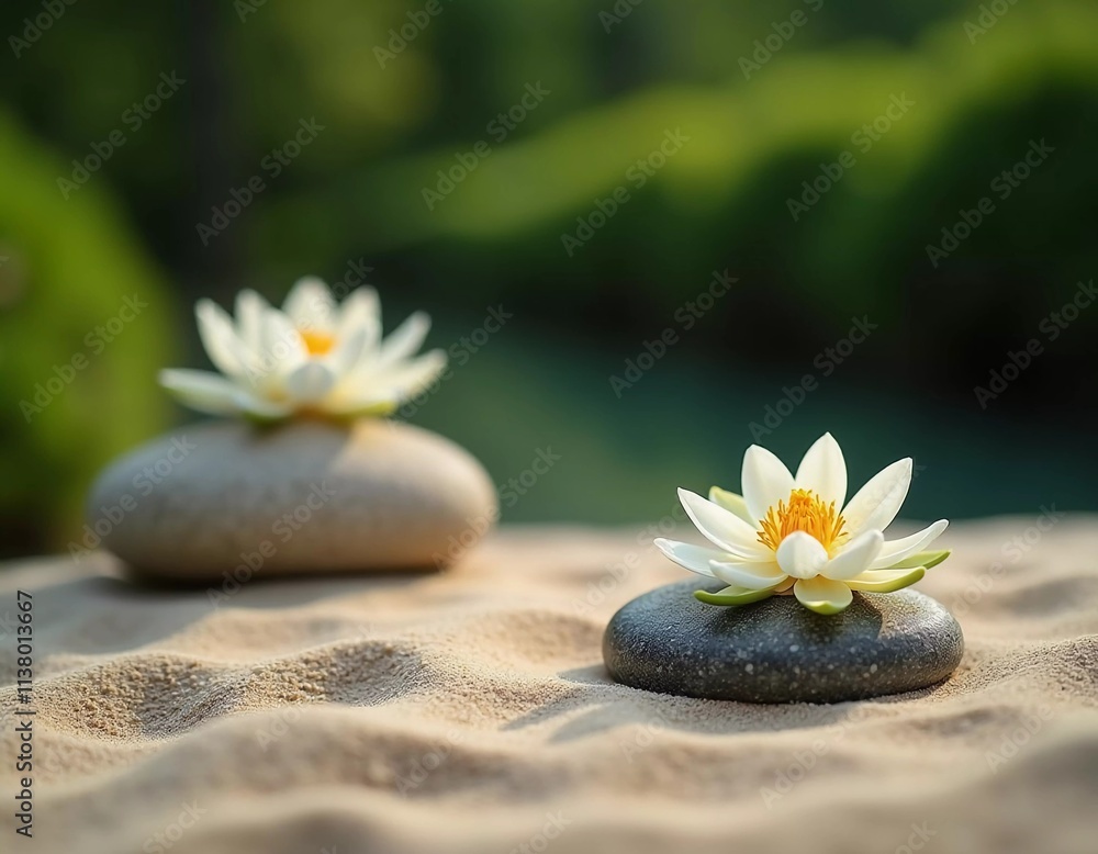 Smooth stones are carefully stacked beside a delicate white lily in a serene garden setting. Soft sunlight filters through the greenery, enhancing the peaceful vibe. Generative AI Smooth stones are carefully stacked beside a delicate white lily in a serene garden setting. Soft sunlight filters through the greenery, enhancing the peaceful vibe. Generative AI