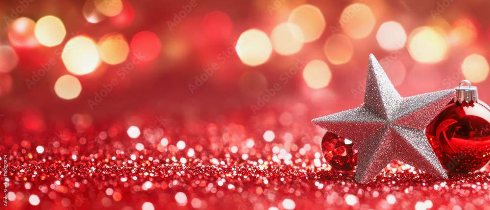 A bright red background adorned with a shimmering star and a decorative ornament. A bright red background adorned with a shimmering star and a decorative ornament.