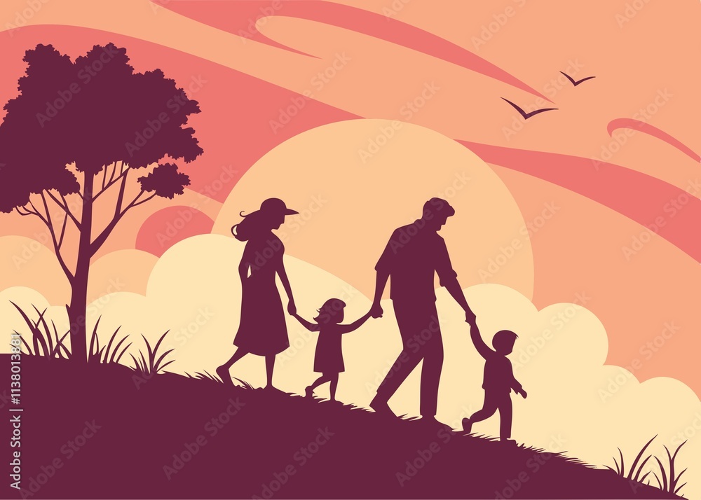 Fototapeta premium Silhouette of a family walking together on a grassy hill against a vibrant orange and red sunset sky