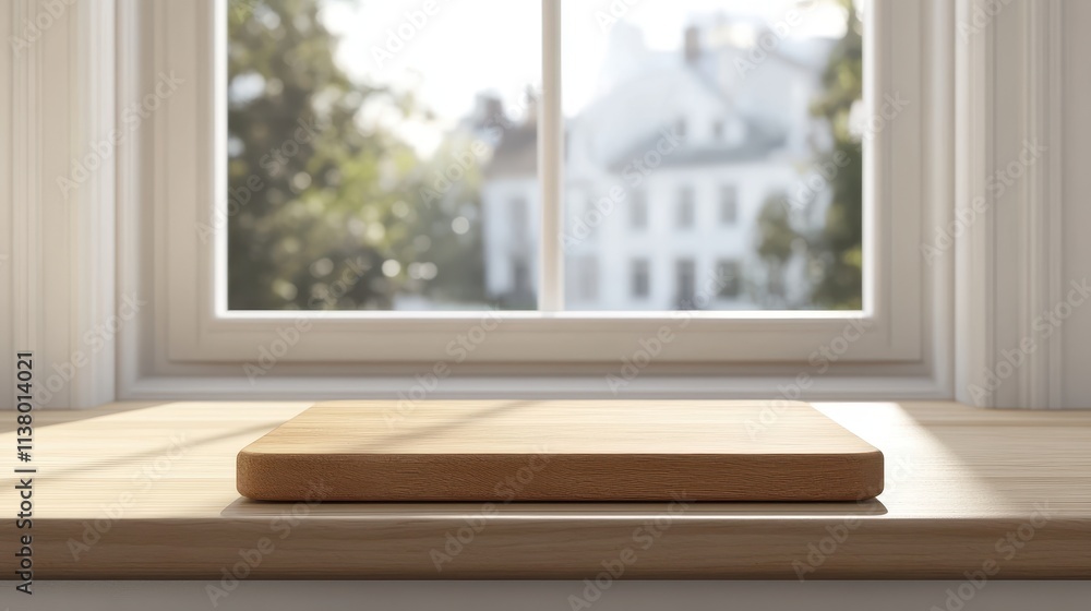 Fototapeta premium Wooden Cutting Board on Windowsill, Sunlight.