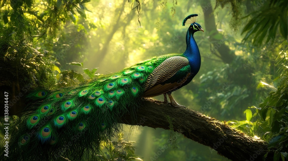 Obraz premium Majestic peacock perched on a tree branch in a lush, misty forest.