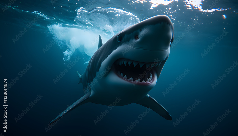 Obraz premium Menacing Predator: Great White Shark in Motion Underwater