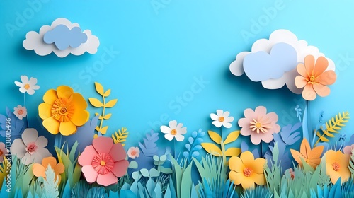 3D abstract paper cut illustration  of colorful paper, grass, flowers, cloud