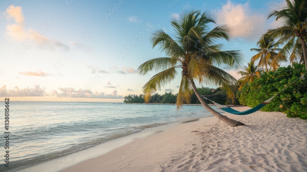 Fototapeta premium Luxurious tropical landscape. White sand with palm trees and azure sea. A heavenly place to relax. Beautiful exotic summer beach background for design.