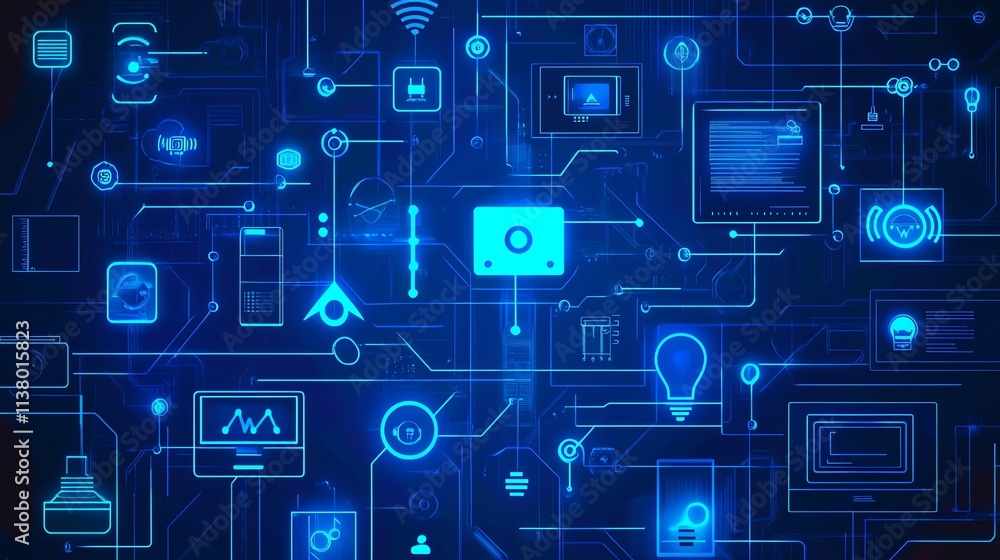 A blue and white abstract graphic of a circuit board, connected with wires and small icons. A blue and white abstract graphic of a circuit board, connected with wires and small icons.