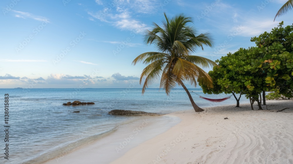 Fototapeta premium Luxurious tropical landscape. White sand with palm trees and azure sea. A heavenly place to relax. Beautiful exotic summer beach background for design.
