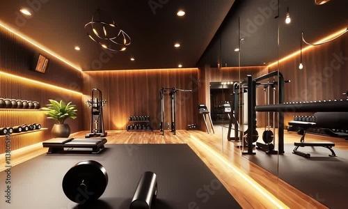 Luxury Home Gym Design: Modern Fitness Room with Warm Lighting and Wooden Accents
