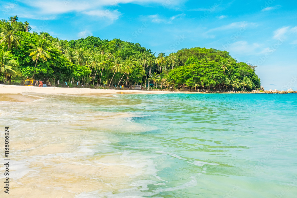 Fototapeta premium Freedom beach on Phuket island, Thailand with nobody. Tropical beach with crystal clear waters, sandy shore, palm trees and green foliage under blue sky. Summer and winter vacation destination