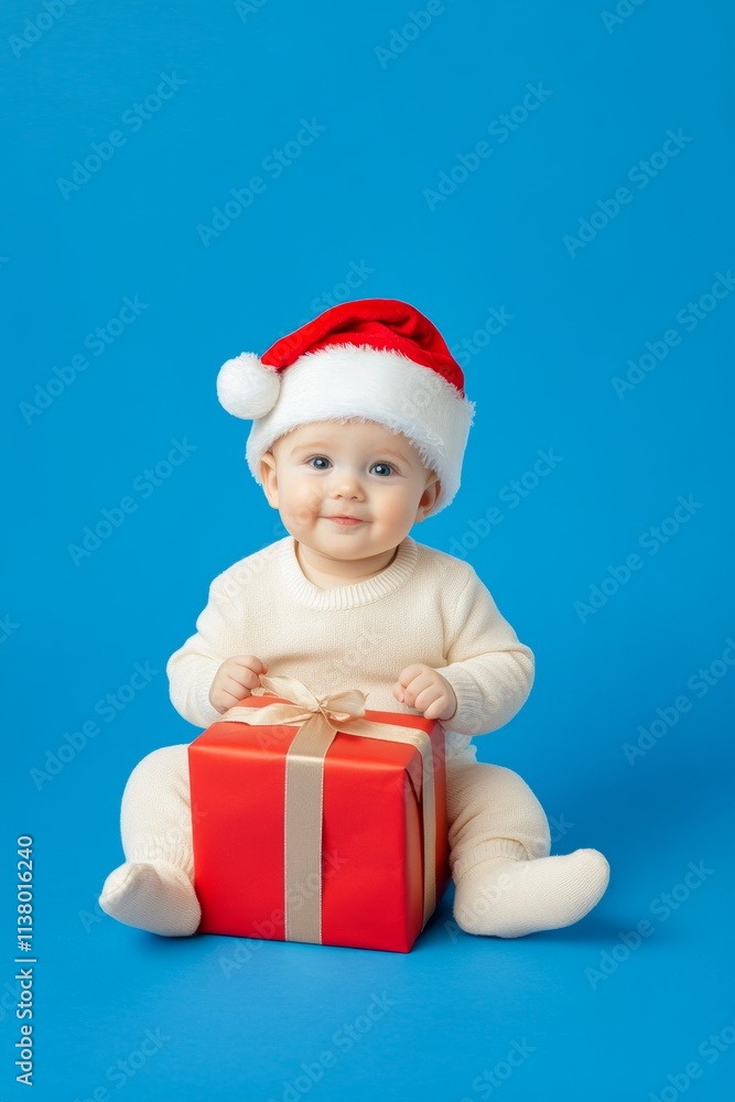 Copy space. Isolated white brazilian baby boy in red santa cap with package in hands, on blue background. Design your christmas. Professional holiday session. Santa hat fun. Blue santa photo. Copy space. Isolated white brazilian baby boy in red santa cap with package in hands, on blue background. Design your christmas. Professional holiday session. Santa hat fun. Blue santa photo.