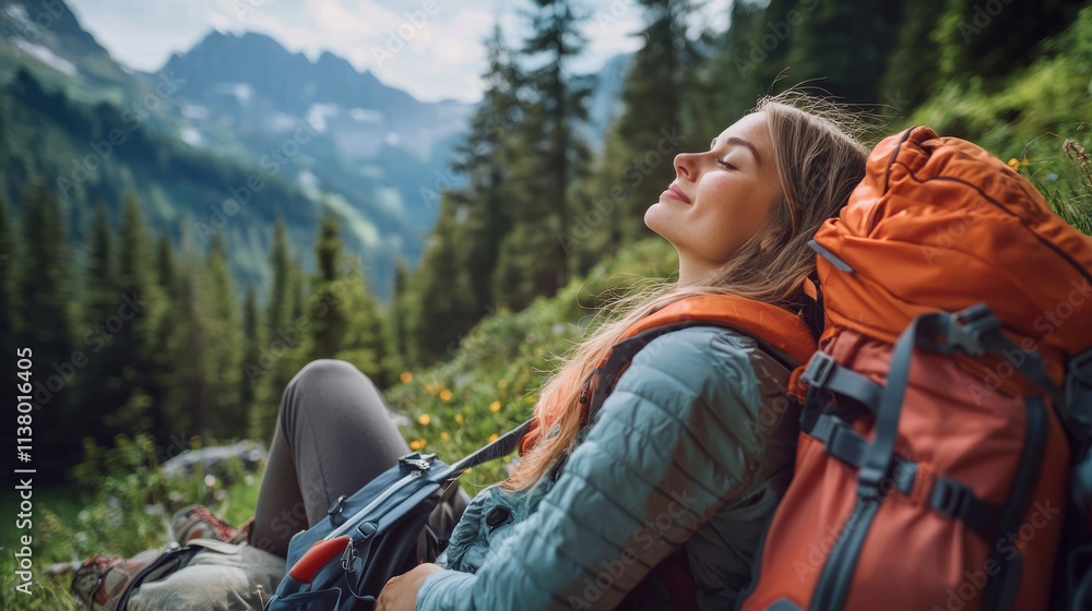 Woman enjoying a peaceful rest with backpack in the mountains Woman enjoying a peaceful rest with backpack in the mountains