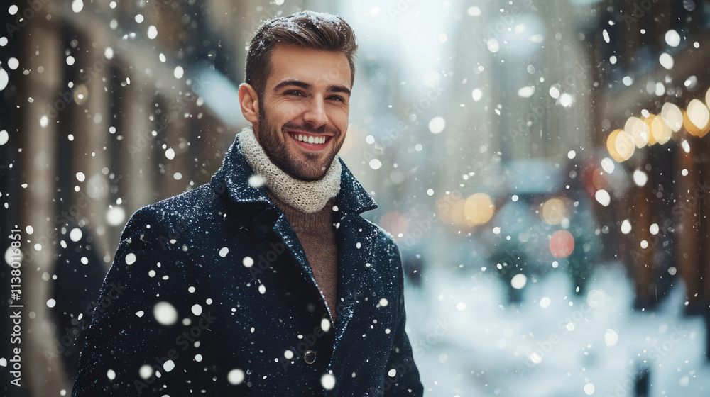 Young businessman smiling while walking in snowy city street Young businessman smiling while walking in snowy city street