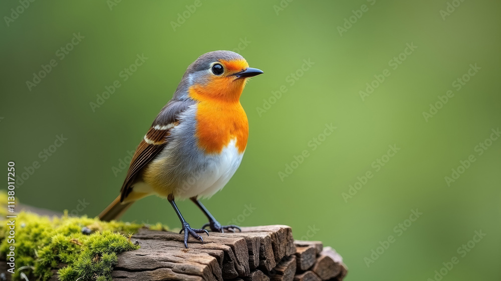 Perched male European robin on wood Perched male European robin on wood