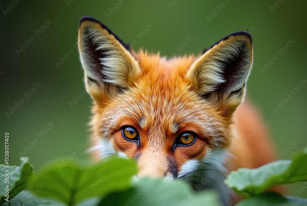 Fototapeta premium A fox with keen eyes and pointed ears stands amidst green foliage with a soft-focus background