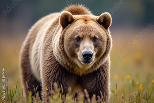 A bear stands alert in a field of wildflowers.