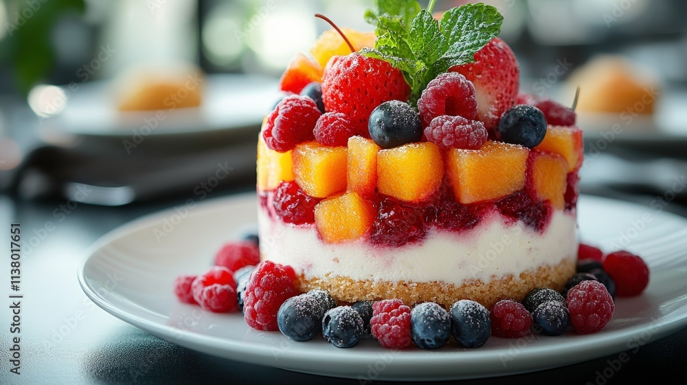 Delicious and Colorful Cake Topped with Fresh Fruits and Berries on a Plate with Mint Garnish in a Bright Indoor Setting Delicious and Colorful Cake Topped with Fresh Fruits and Berries on a Plate with Mint Garnish in a Bright Indoor Setting