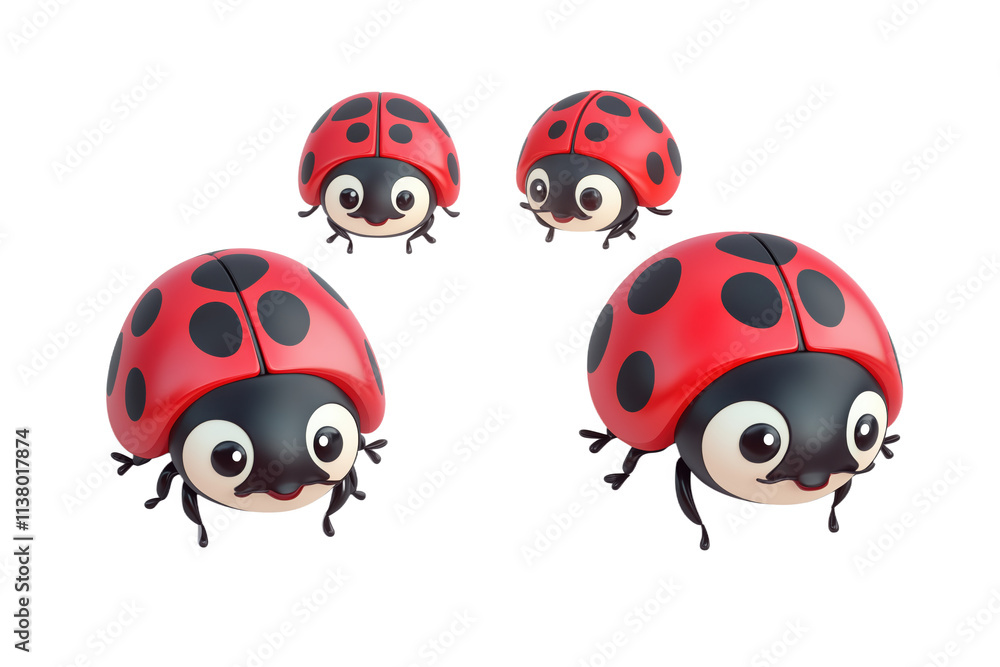 Fototapeta premium Cute ladybug toys, vibrant red with black spots, cartoonish design, playful expressions, varying sizes, suitable for children, isolated on transparent background, png