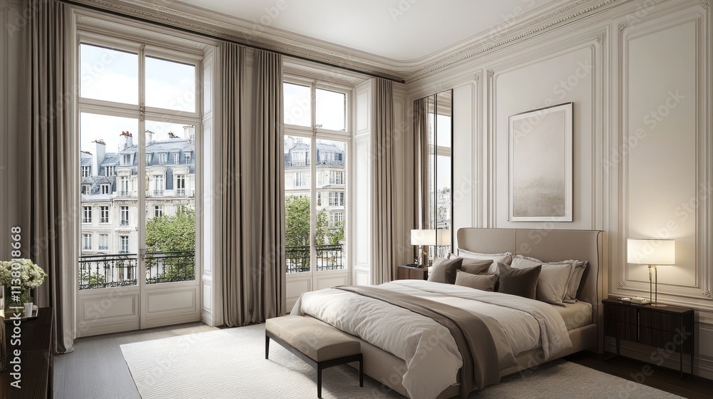 Elegant Parisian Bedroom with City View Elegant Parisian Bedroom with City View