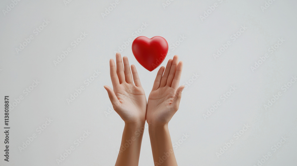 Hands holding a red heart symbolizing love and compassion against a minimalist background. Hands holding a red heart symbolizing love and compassion against a minimalist background.