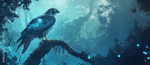 Mystical falcon perched on a branch in an enchanted forest, glowing particles surrounding it. photo