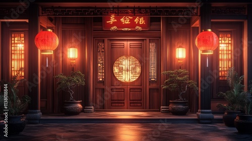 Elegant Chinese doorway with red lanterns and plants. Traditional festive design for Lunar New Year photo