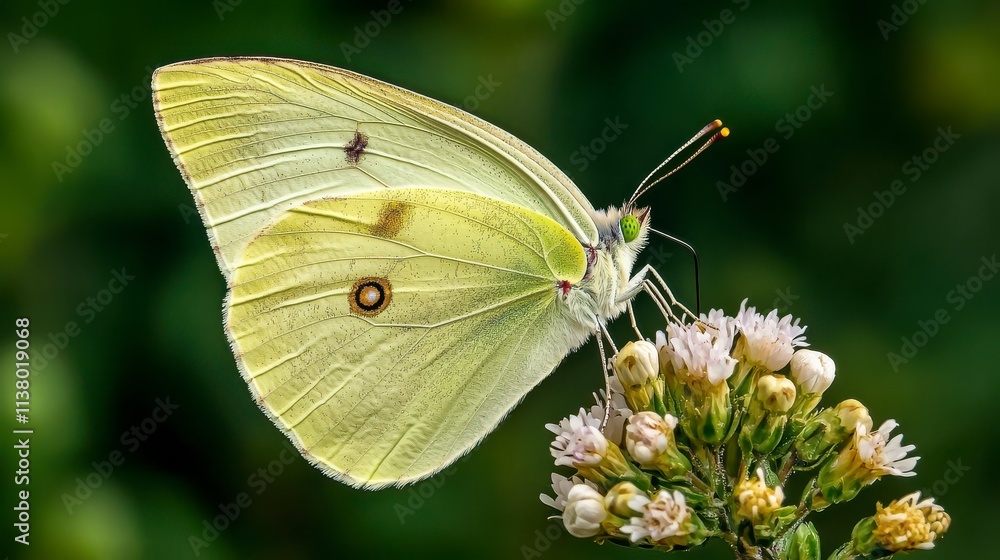 Close-up of a delicate yellow butterfly perched on a blooming flower, showcasing intricate patterns and textures against a softly blurred green background. Close-up of a delicate yellow butterfly perched on a blooming flower, showcasing intricate patterns and textures against a softly blurred green background.