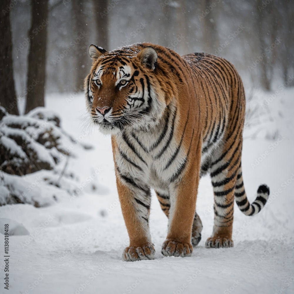 A tiger walking confidently with its tail raised on a white background. A tiger walking confidently with its tail raised on a white background.