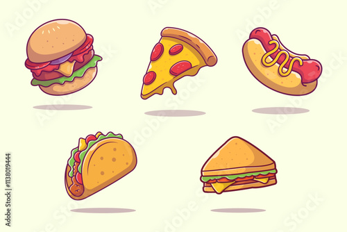Delicious Fast Food Icons Pack with Burger, Pizza Slice, Hot Dog, Taco, and Sandwich Vector Illustrations