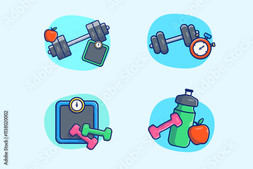 Weight Loss and Healthy Living Illustrations Set with Dumbbells, Scale, Apple, and Stopwatch Vector Design