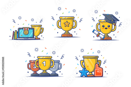 Achievement and Trophy Collection with Graduation Cap, Medal, and Award Ribbon Vector Design