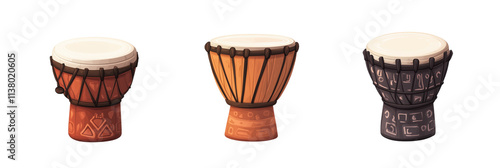 Colorful drums collection, featuring three distinct designs. Each drum showcases unique patterns and colors, highlighting cultural artistry., isolated on transparent background, png photo