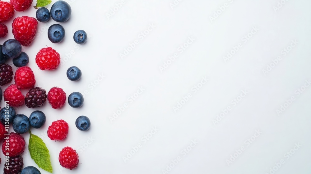 Close-up of vibrant juicy berries bursting with vitamins, scattered artfully on a clean white background, showcasing freshness and health benefits. Close-up of vibrant juicy berries bursting with vitamins, scattered artfully on a clean white background, showcasing freshness and health benefits.