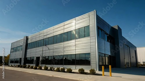 Wallpaper Mural Industrial warehouse and office building exterior with logistical docks, parking area, and signage for smooth cargo management operations. Torontodigital.ca