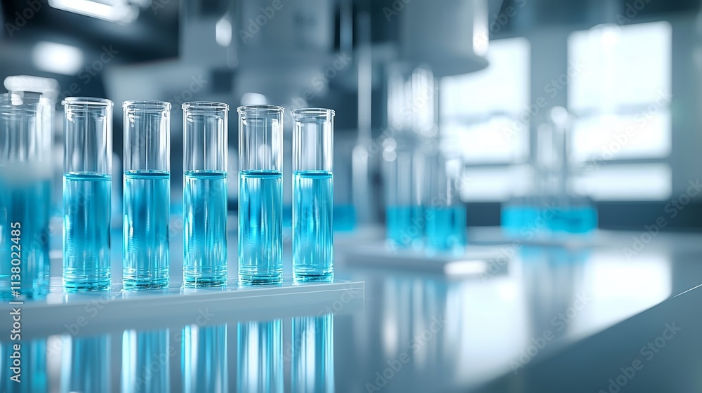 Modern Laboratory with Rows of Test Tubes and Blue Liquid Modern Laboratory with Rows of Test Tubes and Blue Liquid