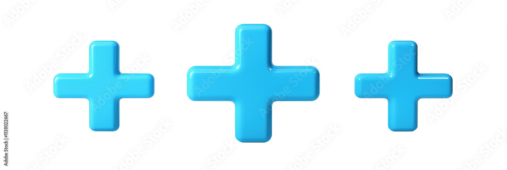 Blue plus signs, three glossy 3D shapes, varying sizes, modern design, minimalistic style, soft shadows, light background, isolated on transparent background, png Blue plus signs, three glossy 3D shapes, varying sizes, modern design, minimalistic style, soft shadows, light background, isolated on transparent background, png