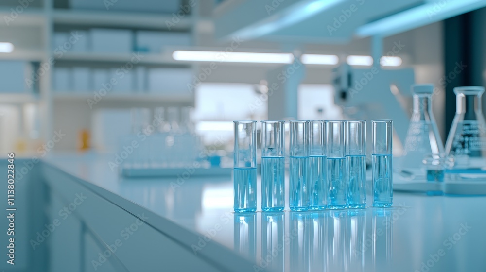 Modern Laboratory with Rows of Test Tubes and Blue Liquid Modern Laboratory with Rows of Test Tubes and Blue Liquid