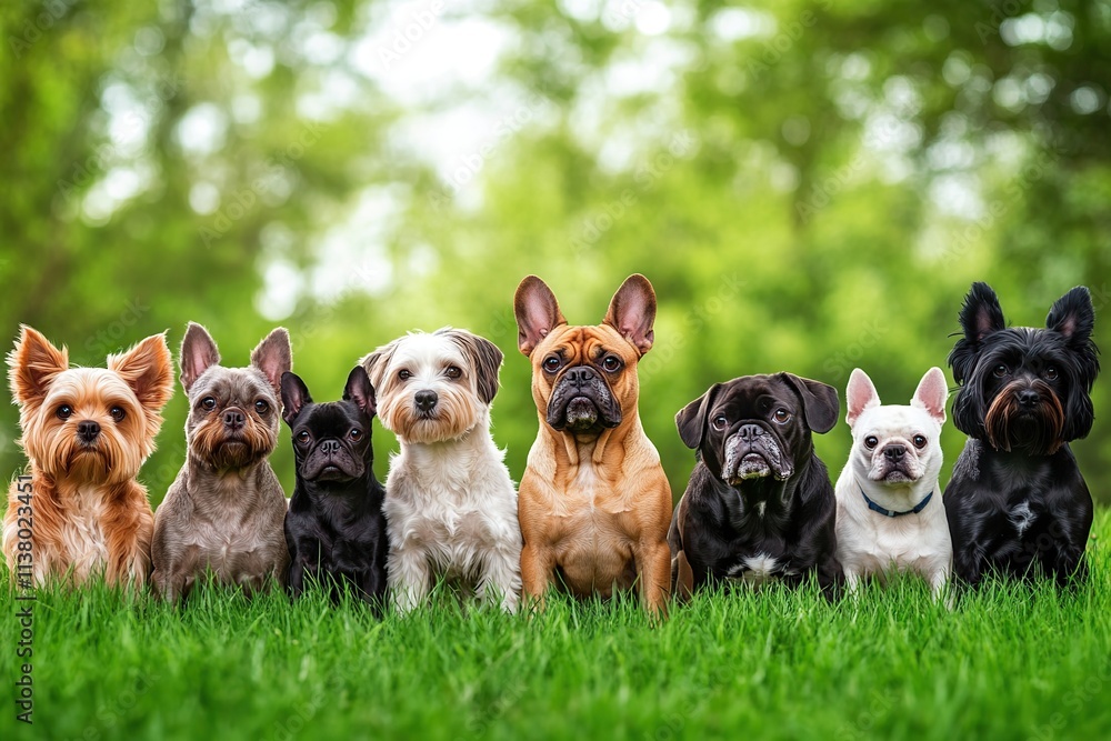 Dog friends of various breeds sitting on a green grass, are ready for training Dog friends of various breeds sitting on a green grass, are ready for training