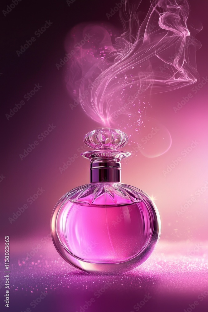 A luxurious purple perfume bottle with pink highlights, resting on a gradient background. Wisps of pink fragrance spiral upward, blending into the design and evoking elegance and allure. A luxurious purple perfume bottle with pink highlights, resting on a gradient background. Wisps of pink fragrance spiral upward, blending into the design and evoking elegance and allure.