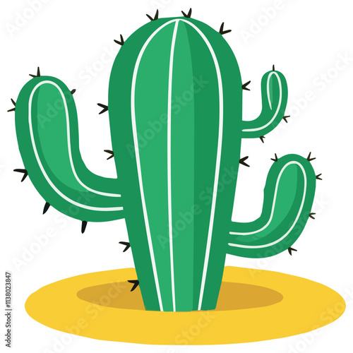 Cartoon-Style Green Cactus with Multiple Arms and Black Thorns on Yellow Background