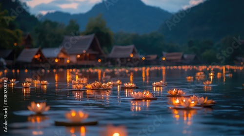 Lanterns and lotus flowers in the river at the candlelight festival of Loy Krathong on Chiang Khan Road. photo