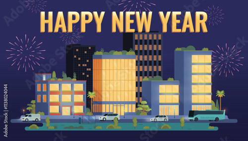 Cityscape illustration. Vector New Year's Eve Cityscape: Illuminating the Night with Fireworks and Bright Lights photo