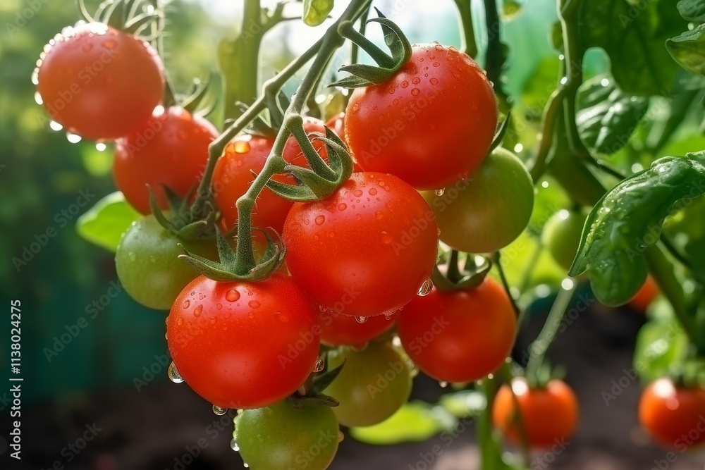 Bright red cherry tomatoes on lush green bush Bright red cherry tomatoes on lush green bush