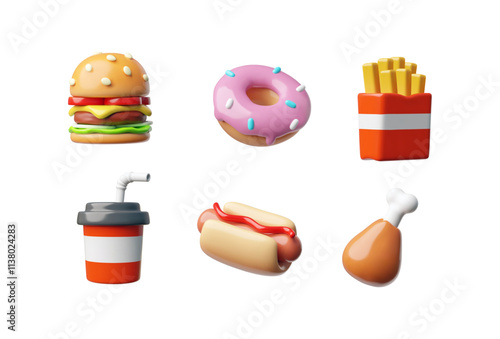 Fast food takeaway eating 3D cartoon vector icons set, hamburger, French fries, hot dog, chicken leg, soda and donut