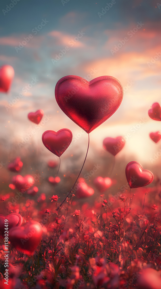 Valentine Romantic red heart wallpaper, background, template for instagram stories, Red heart balloons floating in the sunset sky with flowers around Valentine Romantic red heart wallpaper, background, template for instagram stories, Red heart balloons floating in the sunset sky with flowers around