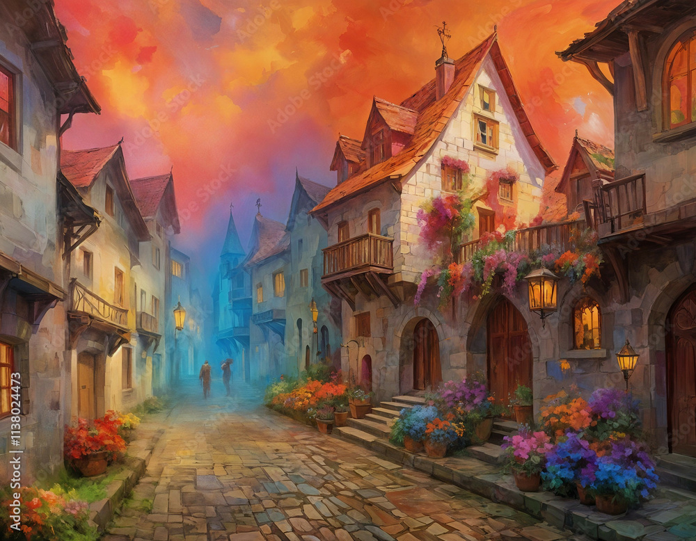 Naklejka premium acuarela de paisaje con un pueblo medieval con muchas flores en la calle