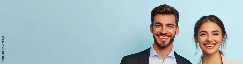 A smiling man and woman against a light blue background. A smiling man and woman against a light blue background.
