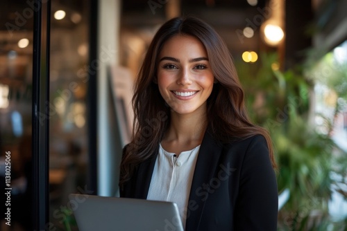 A beautiful, smiling business woman holding a laptop in an office.