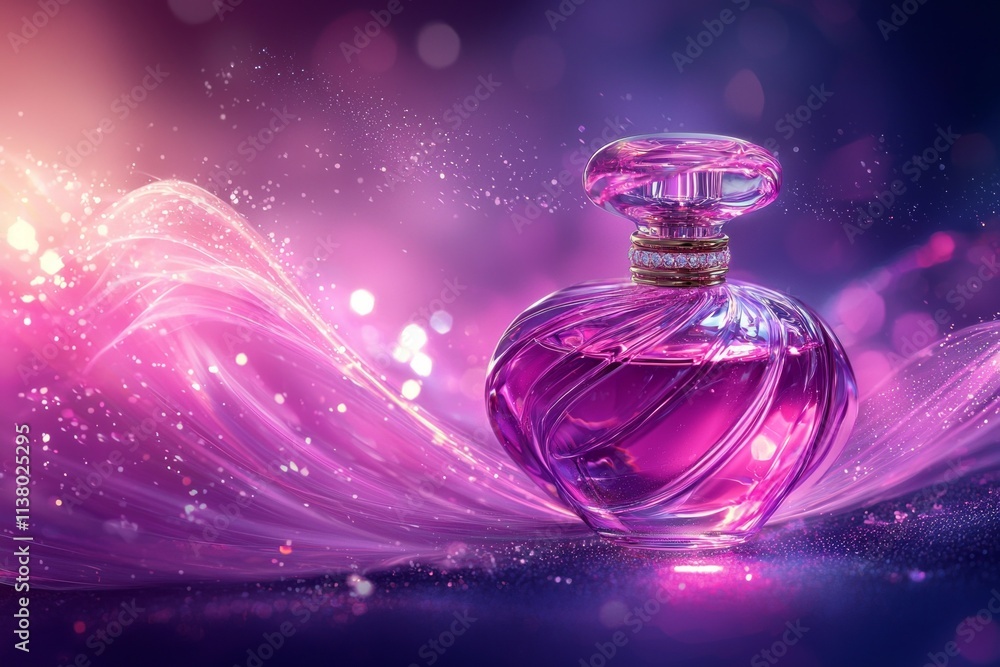 A luxurious purple perfume bottle with pink highlights, resting on a gradient background. Wisps of pink fragrance spiral upward, blending into the design and evoking elegance and allure. A luxurious purple perfume bottle with pink highlights, resting on a gradient background. Wisps of pink fragrance spiral upward, blending into the design and evoking elegance and allure.