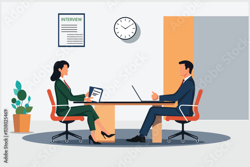 Professional job interview scene with a recruiter and candidate in a modern office, ideal for hiring, HR, career themes, recruitment campaigns, job, training materials, and corporate content