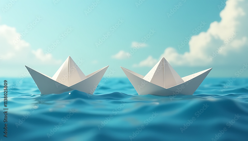 Two simple paper boats represent a strong business struggling against fierce competition in the vast ocean of commerce and industry._00001_ Two simple paper boats represent a strong business struggling against fierce competition in the vast ocean of commerce and industry._00001_